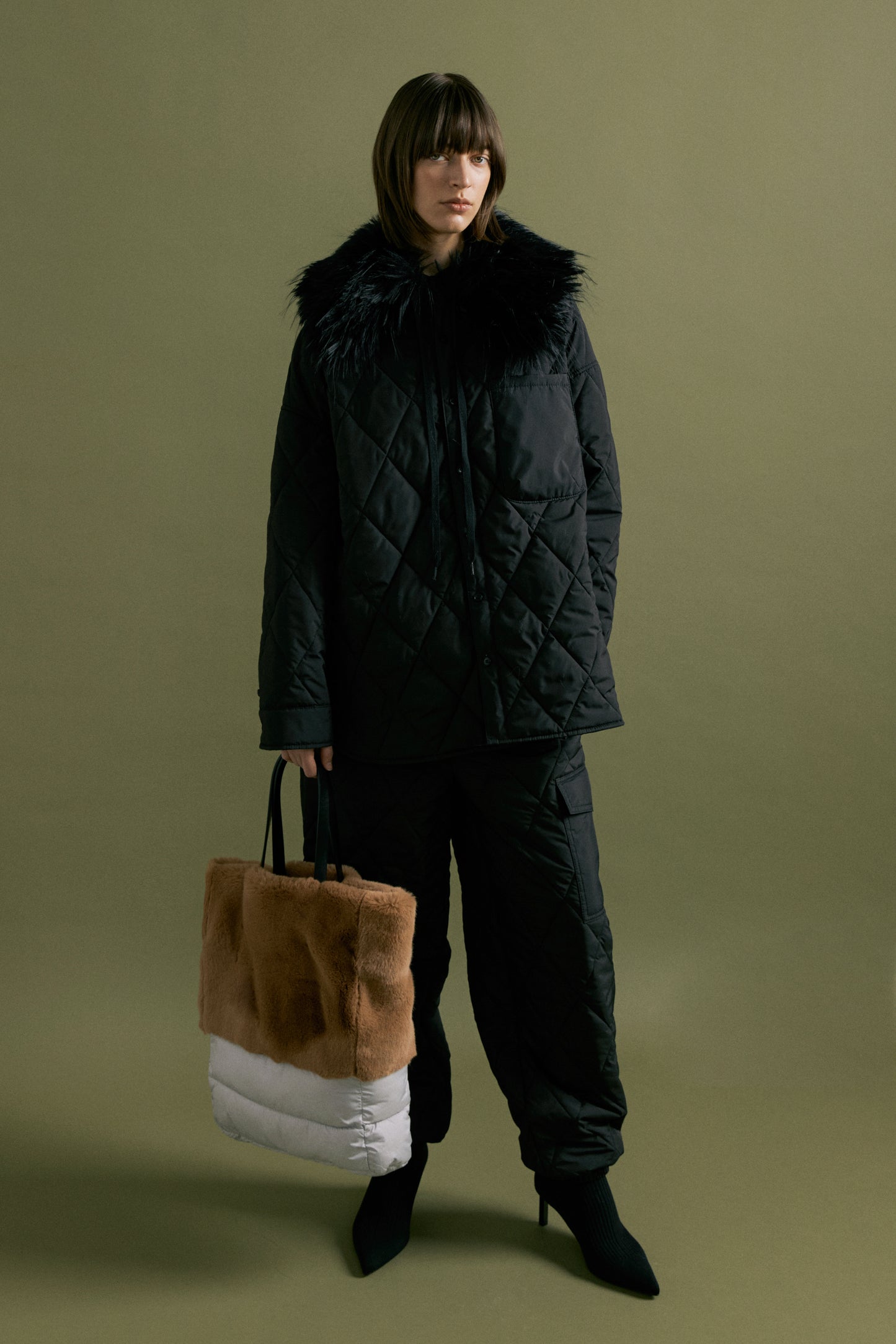 Brown Faux Fur & Padding Tote Bag