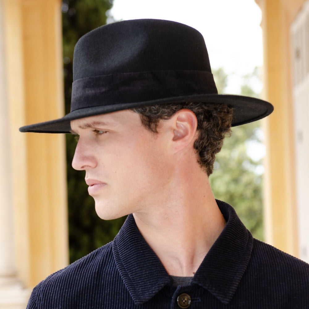 Black Wool Wide Brim Hat with Large Suede Leather Band – Stylish & Durable