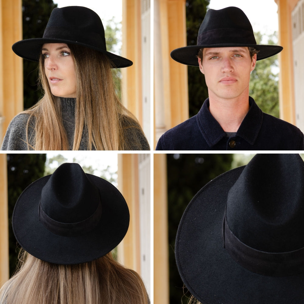 Black Wool Wide Brim Hat with Large Suede Leather Band – Stylish & Durable