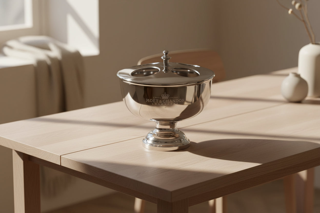 Silver champagne cooler on a light wooden table with soft shadows and minimalist decor.