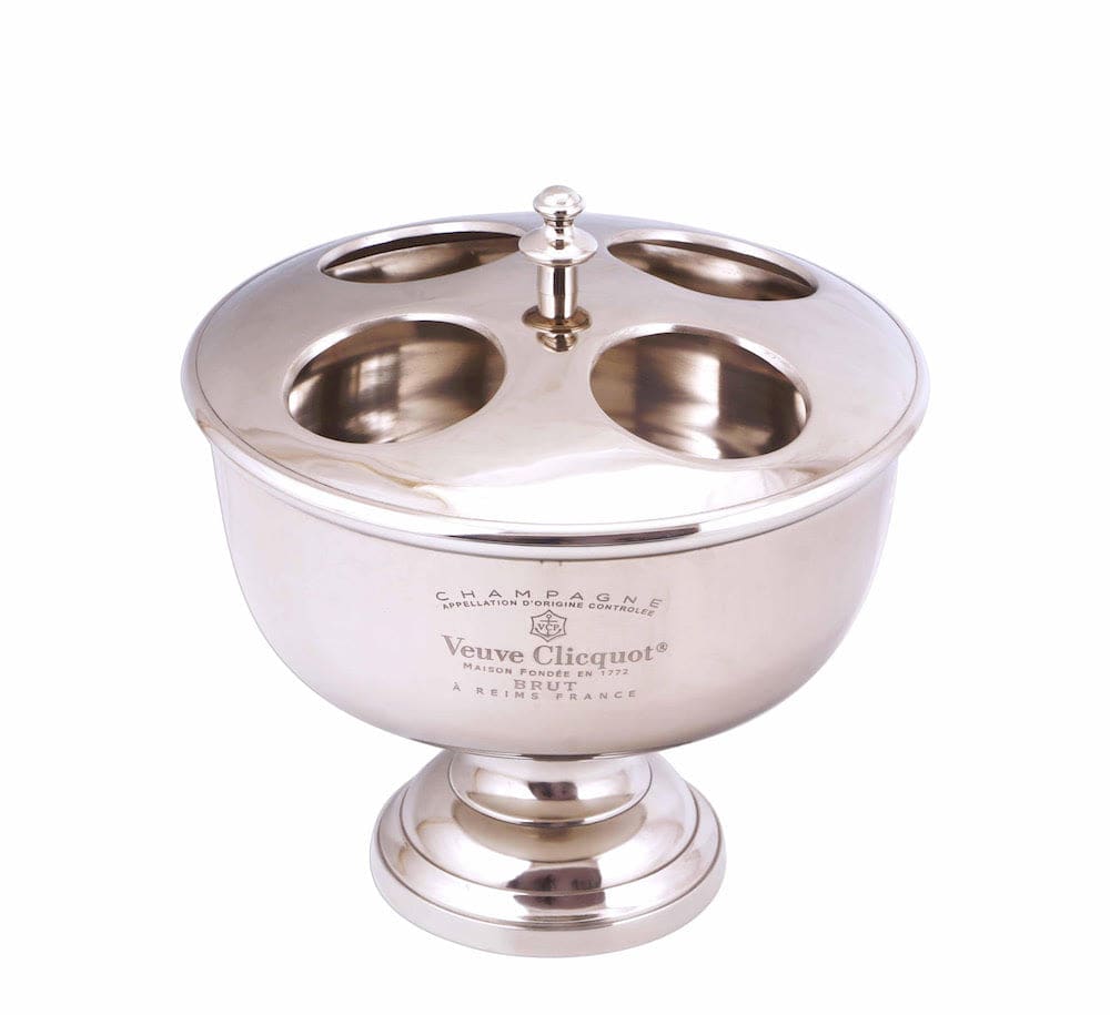 Silver champagne cooler with a polished finish, three circular openings, and engraved text on the front.