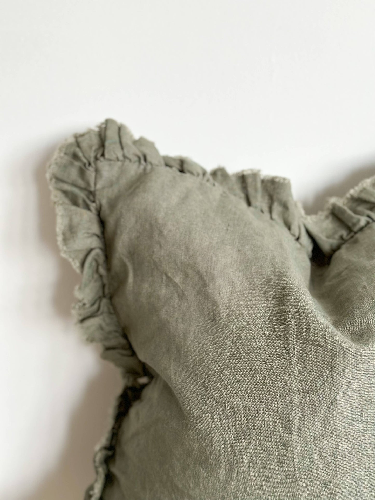 Khaki Ruffled Linen Cushion – 45 x 45 cm (Feather Pad Included)