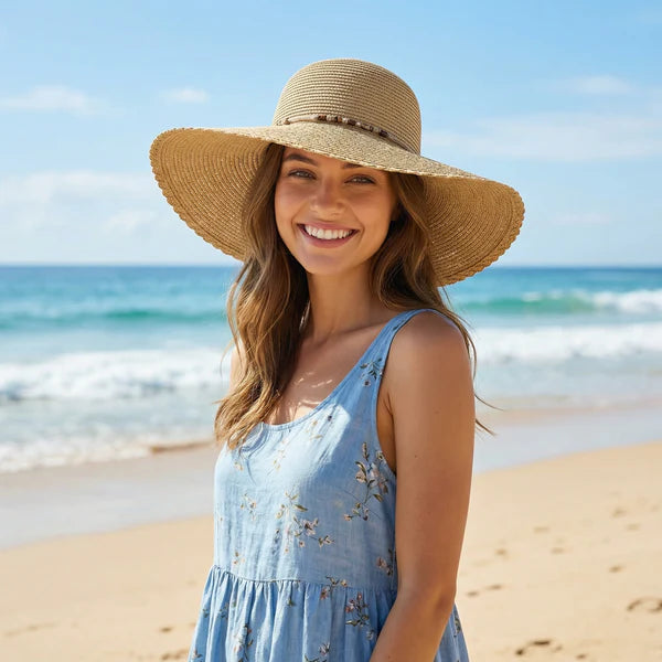 Woman wearing a straw hat and blue dress on a beach