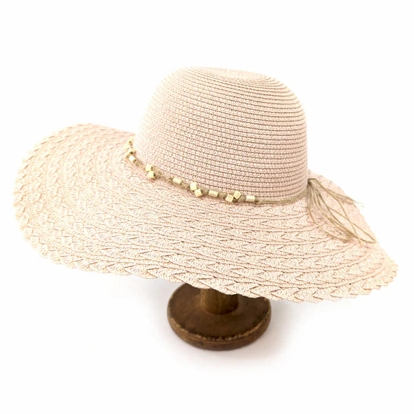 Folding Wide-Brim Travel Sun Hat – Pink | Beaded Band Paper Straw Hat