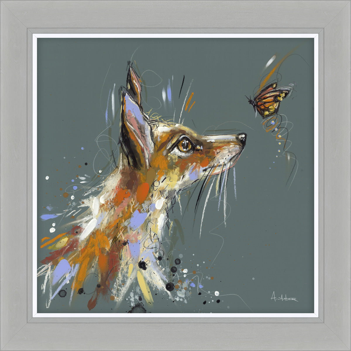 Abstract painting of a fox with vibrant colors gazing at a butterfly on a muted gray background.