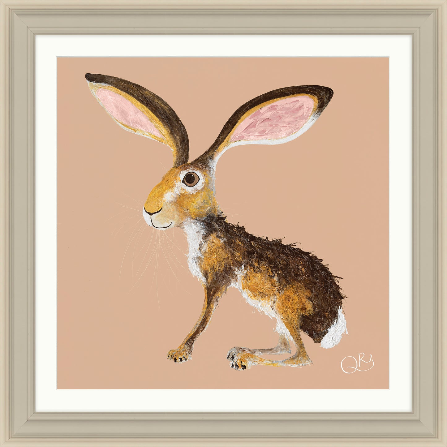 Whimsical brown hare with huge pink ears on a peach background in a light wooden frame.