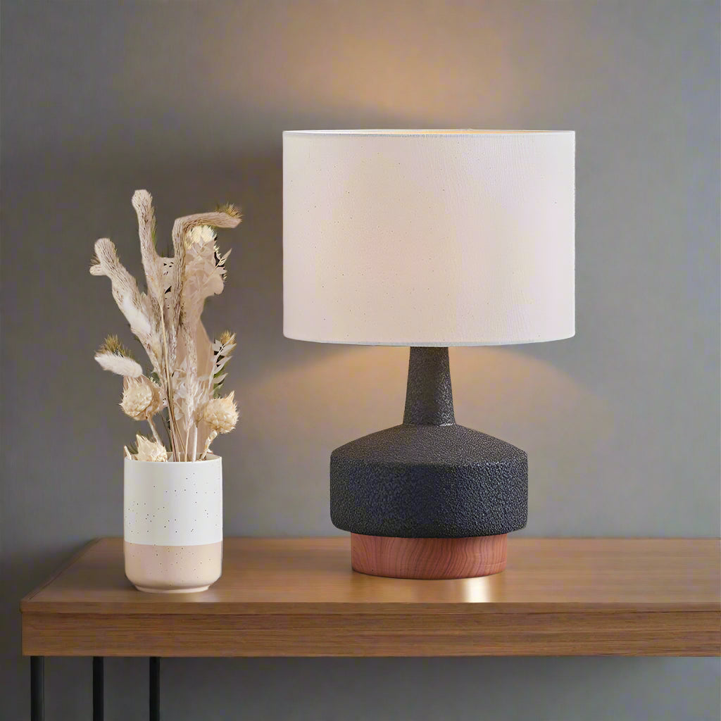 Black and Wood Effect Textured Ceramic Table Lamp