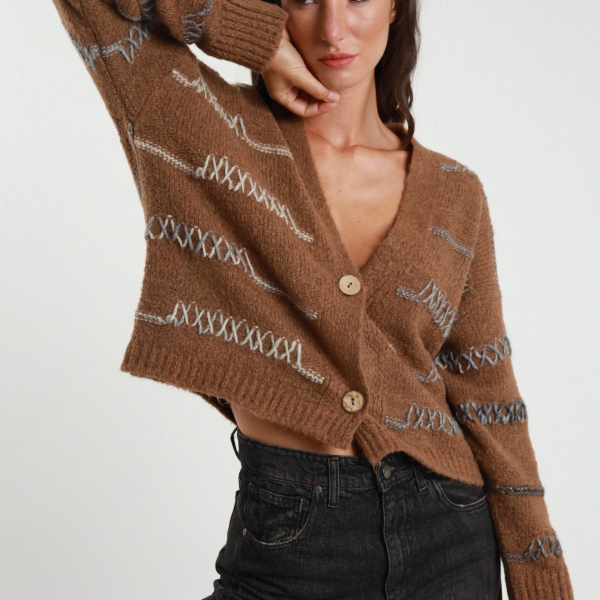Brown Cardigan with Coloured Threads – Wool Blend Knit