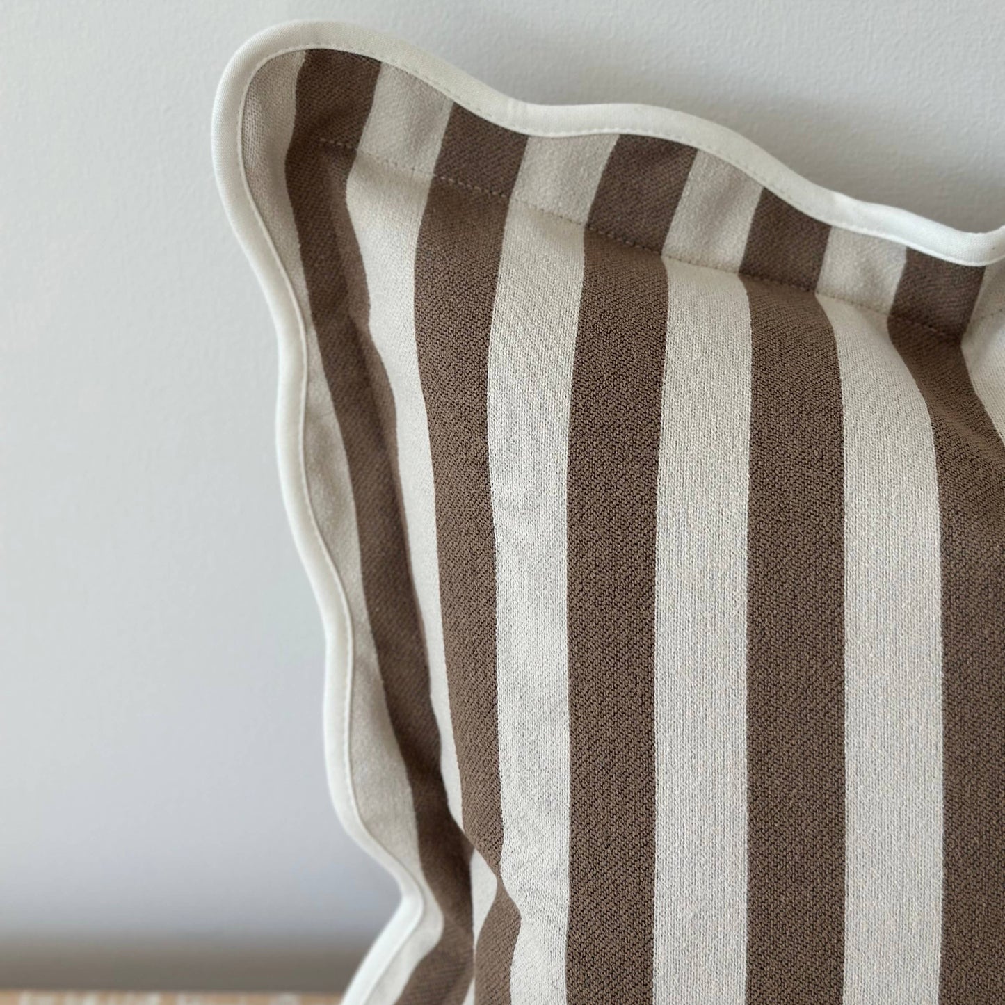 Brown & Cream Stripe Scalloped Edge Cushion with Feather Pad – 45 x 45cm