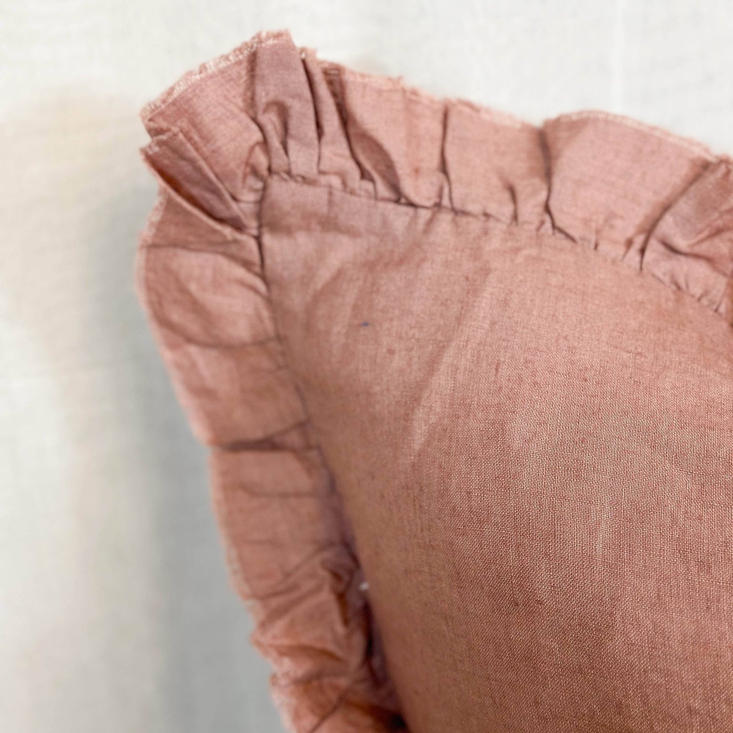 Dusty Pink Ruffled Linen Cushion with Feather Pad – 45 x 45cm | 100% Stonewashed Linen