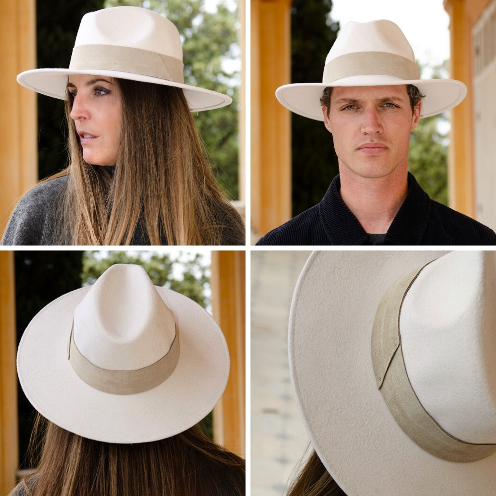 Latte Wool Wide Brim Hat with Large Suede Leather Band – Stylish & Durable