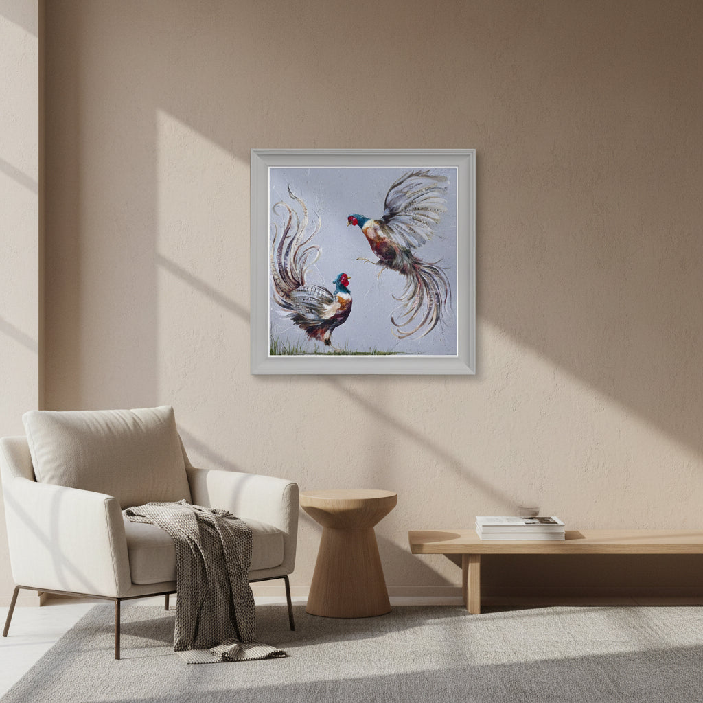 Framed artwork of two colorful roosters on a light blue background