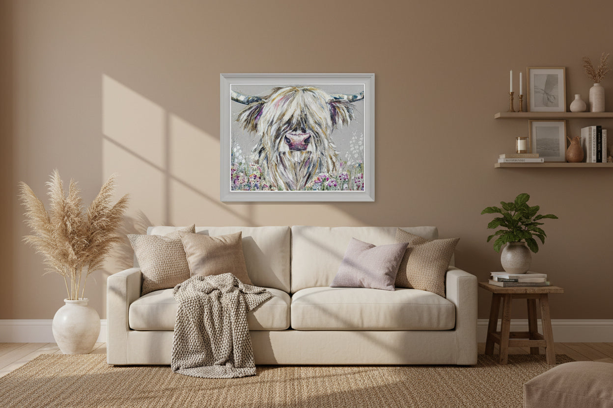 A large framed canvas by Nicola Jane Rowles featuring fluid wildlife art in a thick Cotton White Compton wooden frame.