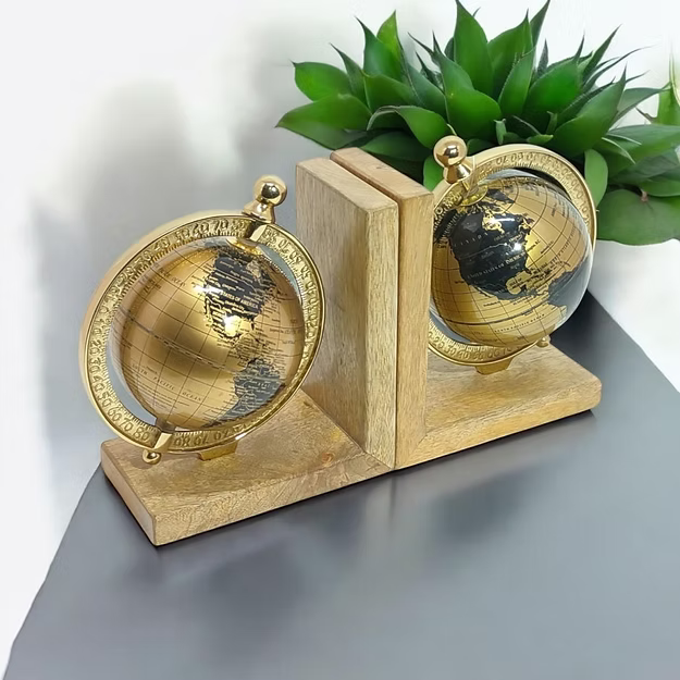 Gold Globe Bookends on Wooden Stand – Luxury Home & Office Décor
