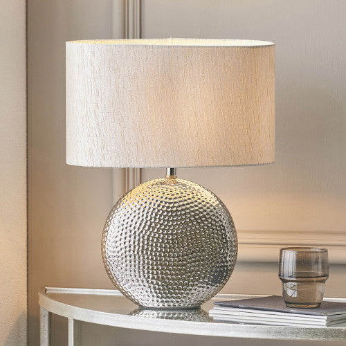 Hammered Silver Ceramic Table Lamp with Oval Shade