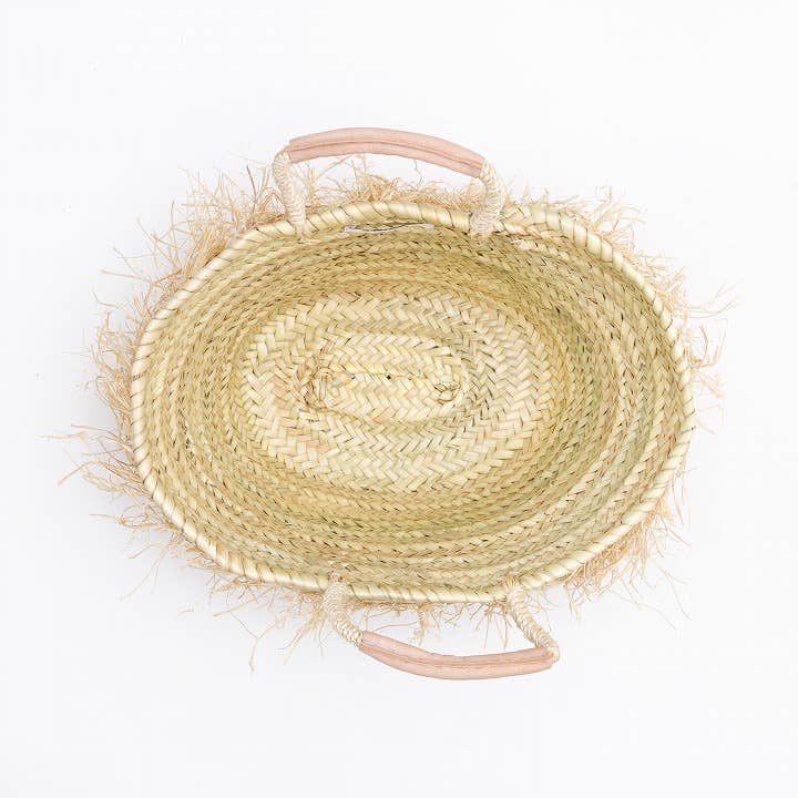 Handmade Raffia Fringe Basket – Natural Grass & Goat Leather | Limited Edition
