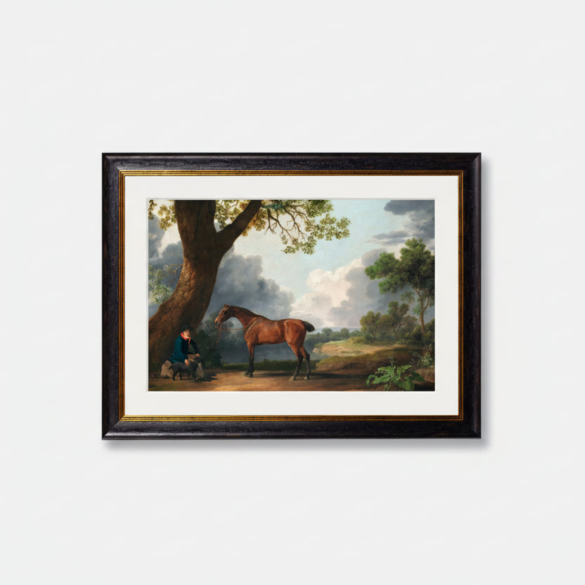 A framed reproduction of George Stubbs' 1763 painting Horse and Groom, featuring a bay horse and handler in a classical landscape.