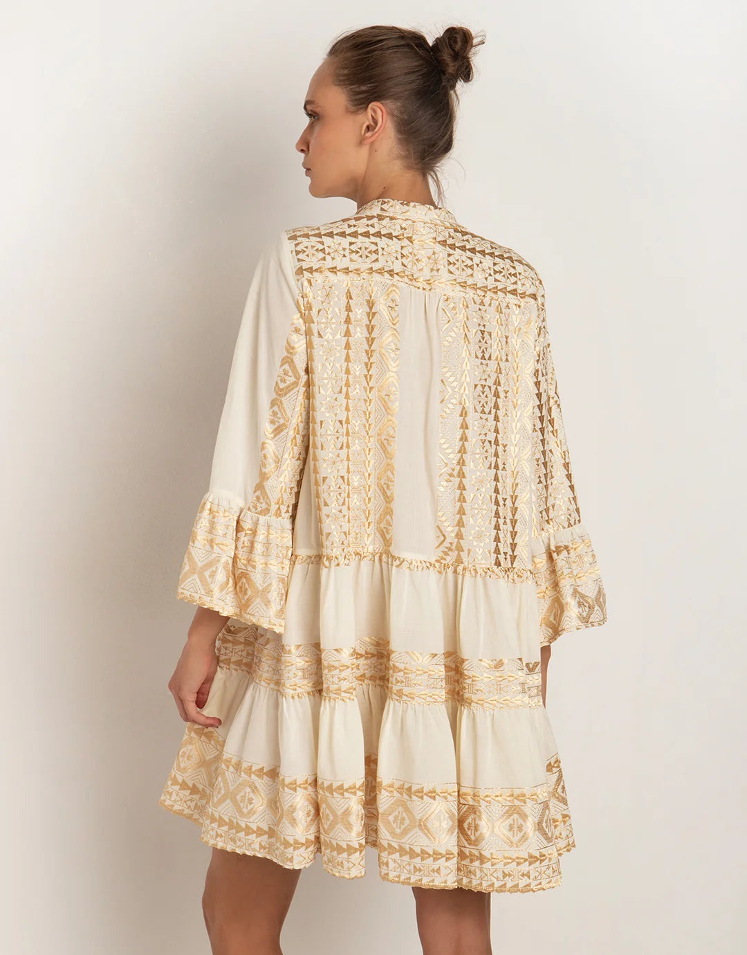 Triangle Embroidered Long-Sleeve Mini Dress – Natural & Gold | Greek Archaic Kori