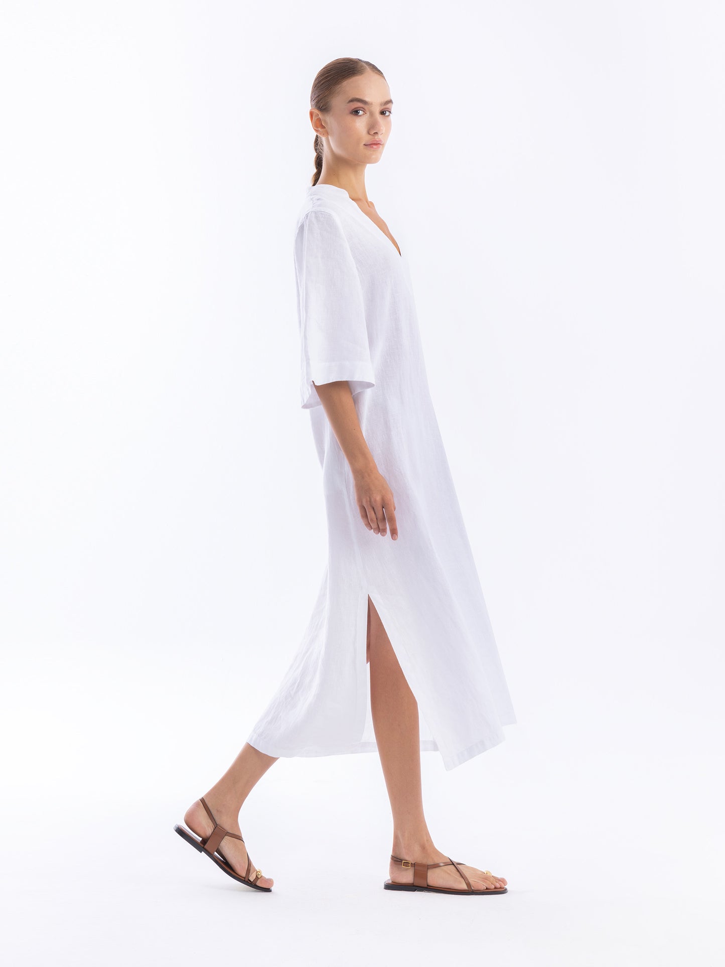 Mandarin Neck Linen Kaftan with Open Back — Haris Cotton