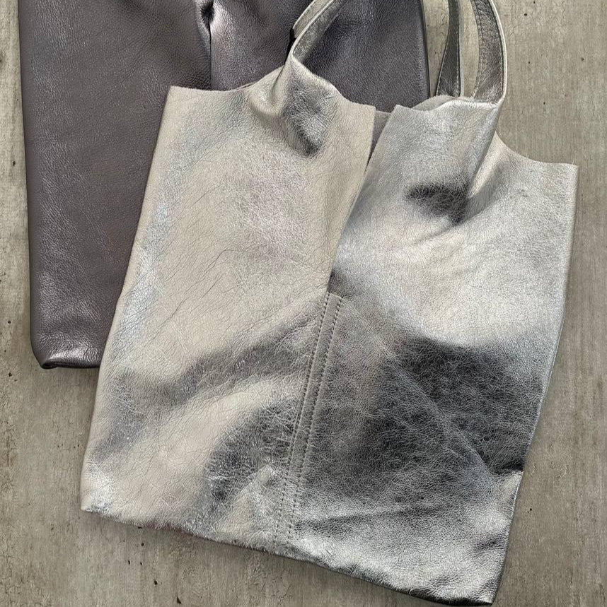Metallic Leather Tote Bag with Attached Pouch - Silver