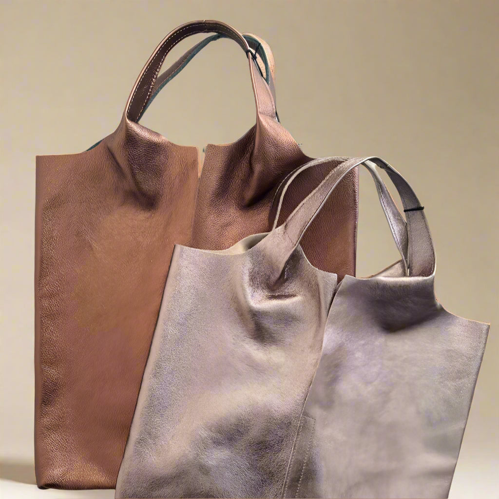 Metallic Leather Tote Bag with Attached Pouch - Copper