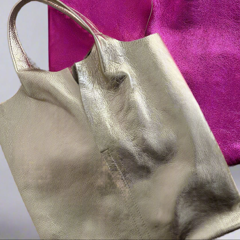 Metallic Leather Tote Bag with Attached Pouch – Stylish & Functional