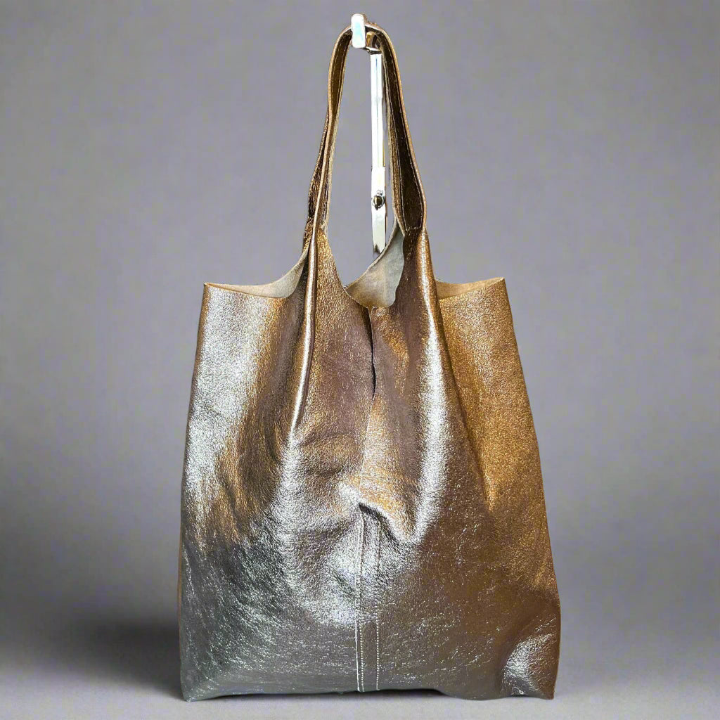 Metallic Leather Tote Bag with Attached Pouch - Bronze