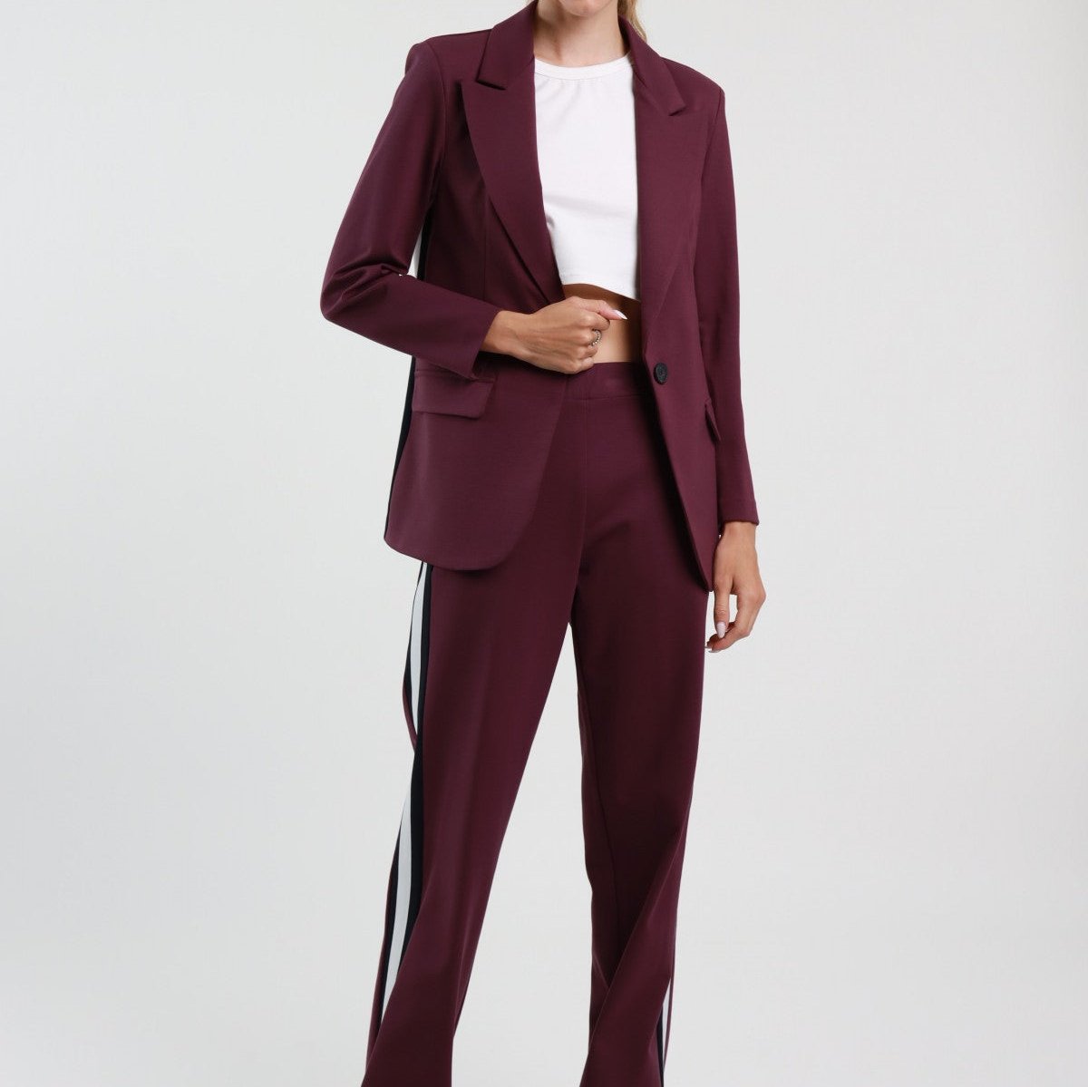 Burgundy Milano Stitch Trousers with Side Band – Stretch Viscose Blend