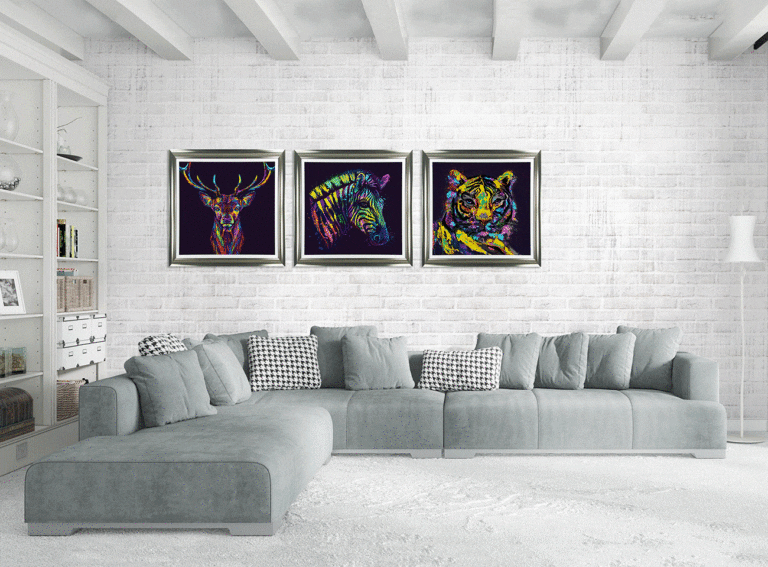 Neon Wildlife I – Stag Wall Art, 80cm x 80cm, Silver Frame