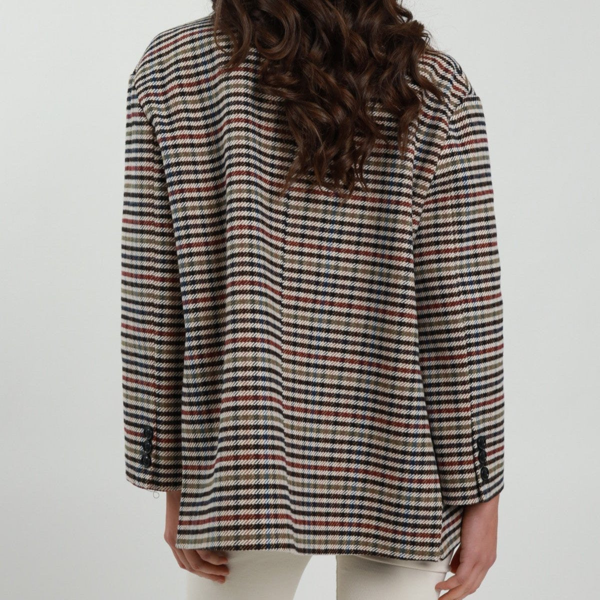 Oversized Check Jacket with Rhinestone Brooch Detail