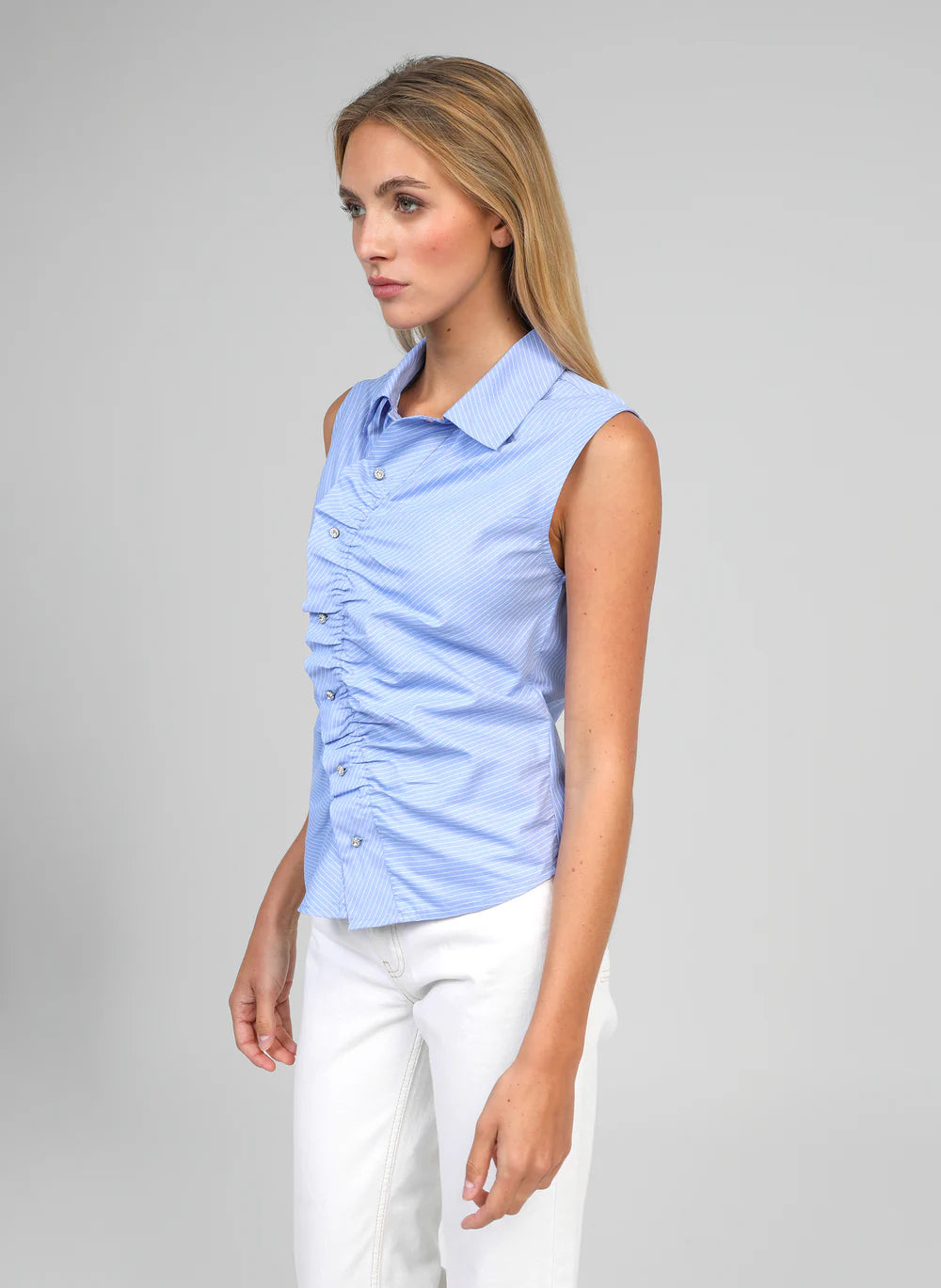 Blue Fine Stripe Sleeveless Shirt with Jewel Buttons by An'ge
