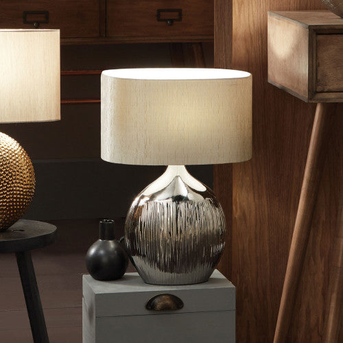 Silver Ceramic Table Lamp with Grey Oval Shade