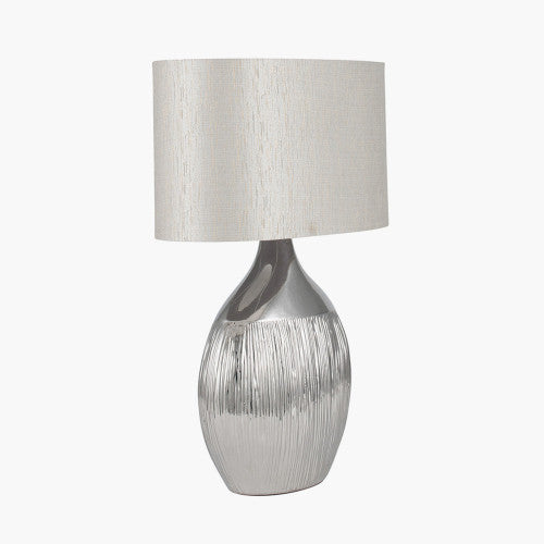 Silver Ceramic Table Lamp with Grey Oval Shade