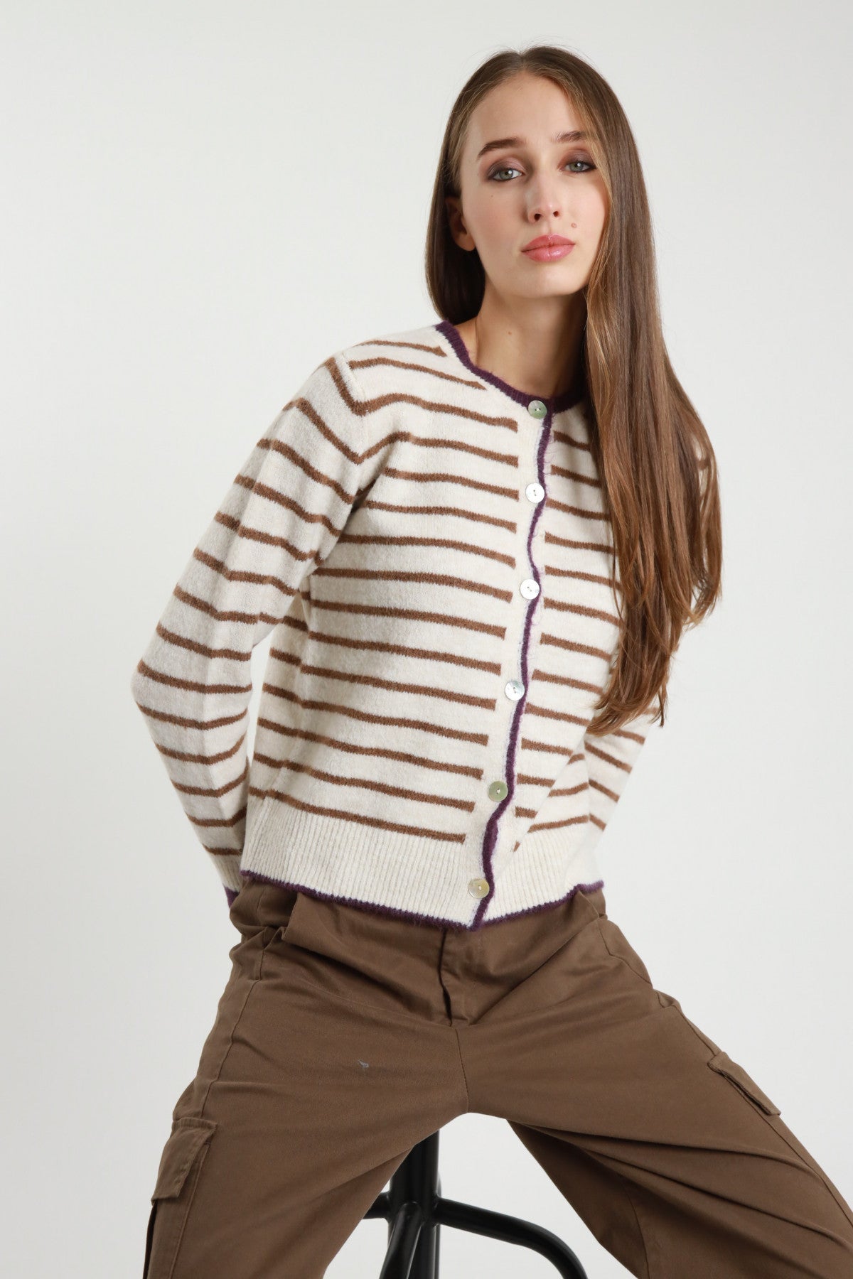 Striped Buttoned Jacket Cardigan – Cream | Wool Blend Knit