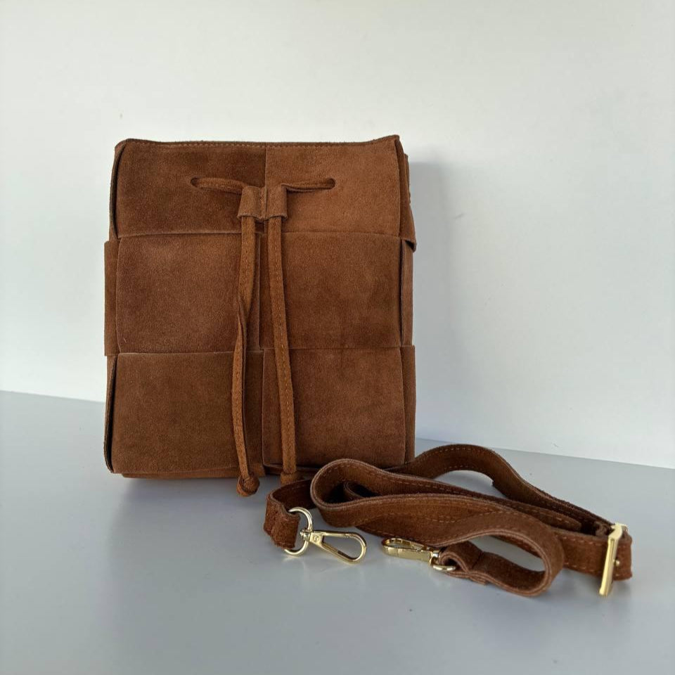 Suede Bag with Ornamental Weave – Tan