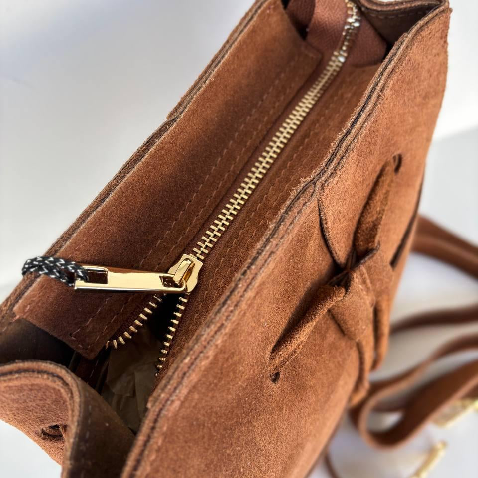 Suede Bag with Ornamental Weave – Tan