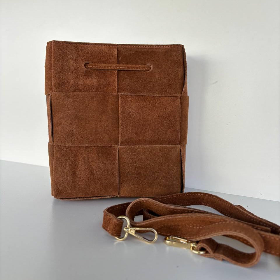 Suede Bag with Ornamental Weave – Tan