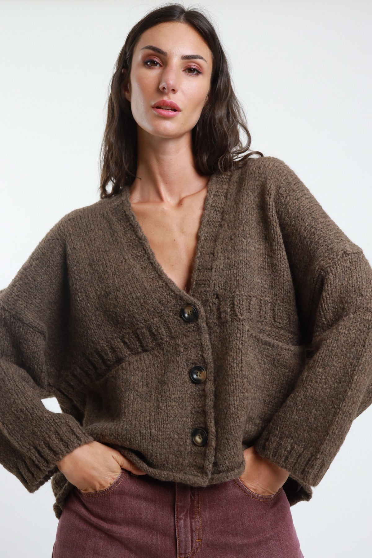 V-Neck Knitted Jacket with Buttons & Pockets