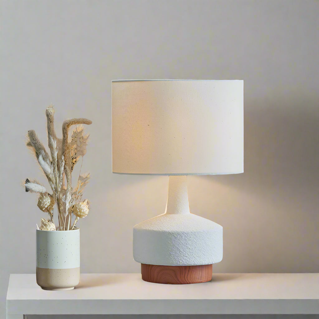 White and Wood Effect Textured Ceramic Table Lamp