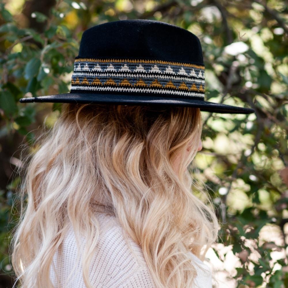 Black Felt Fedora Wide Brim Hat with Woven Braid Band  display picture 2
