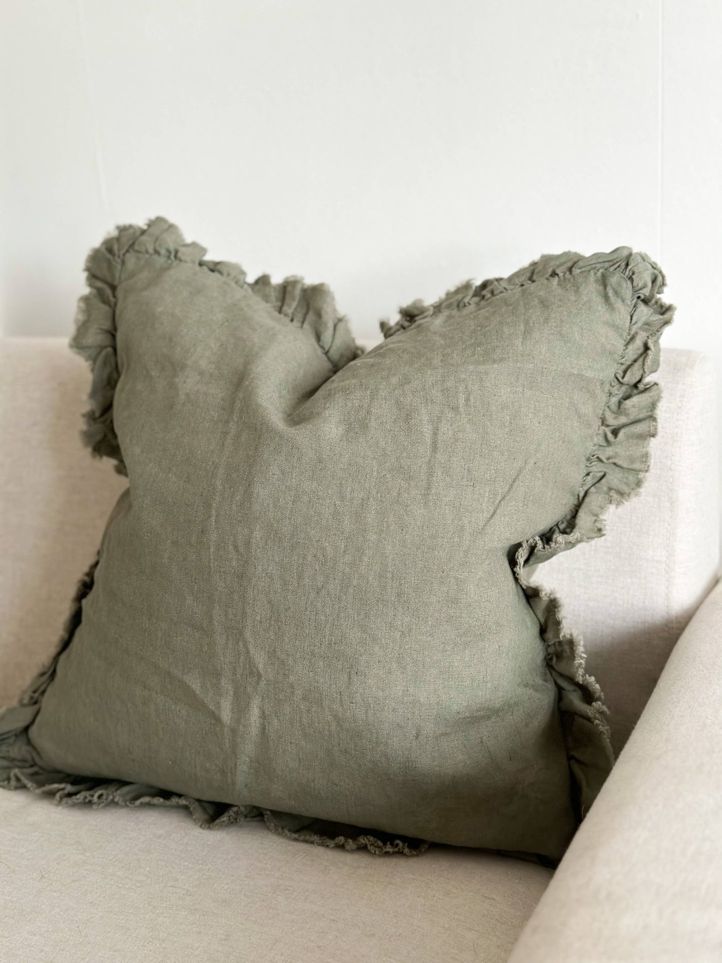 Khaki Ruffled Linen Cushion – 45 x 45 cm (Feather Pad Included)