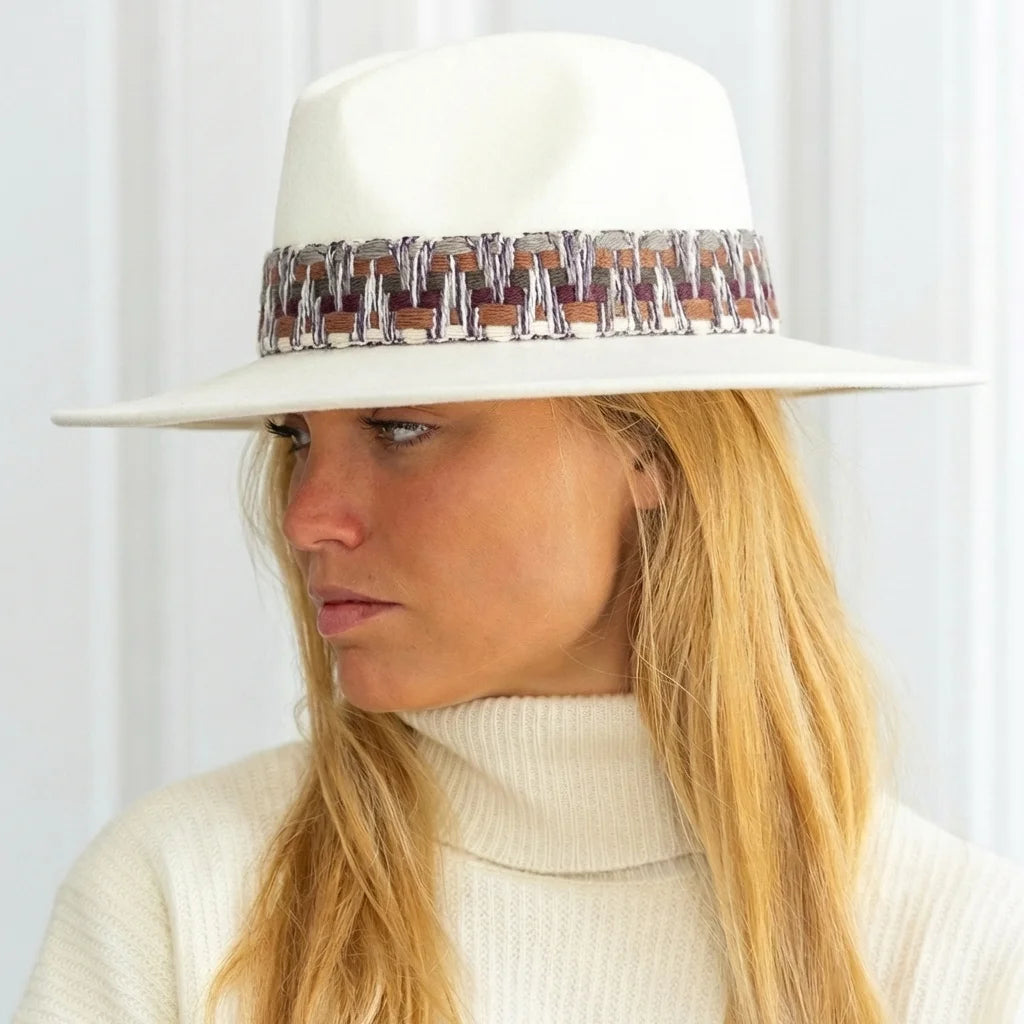 Wide-Brim Wool Felt Hat – Ethnic Braid – Latte | Unisex Luxury Hat