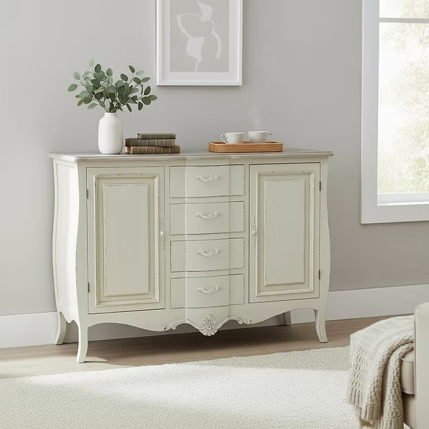 120cm Louis style French provincial cabinet with natural wood top, cream drawers, and carved legs.