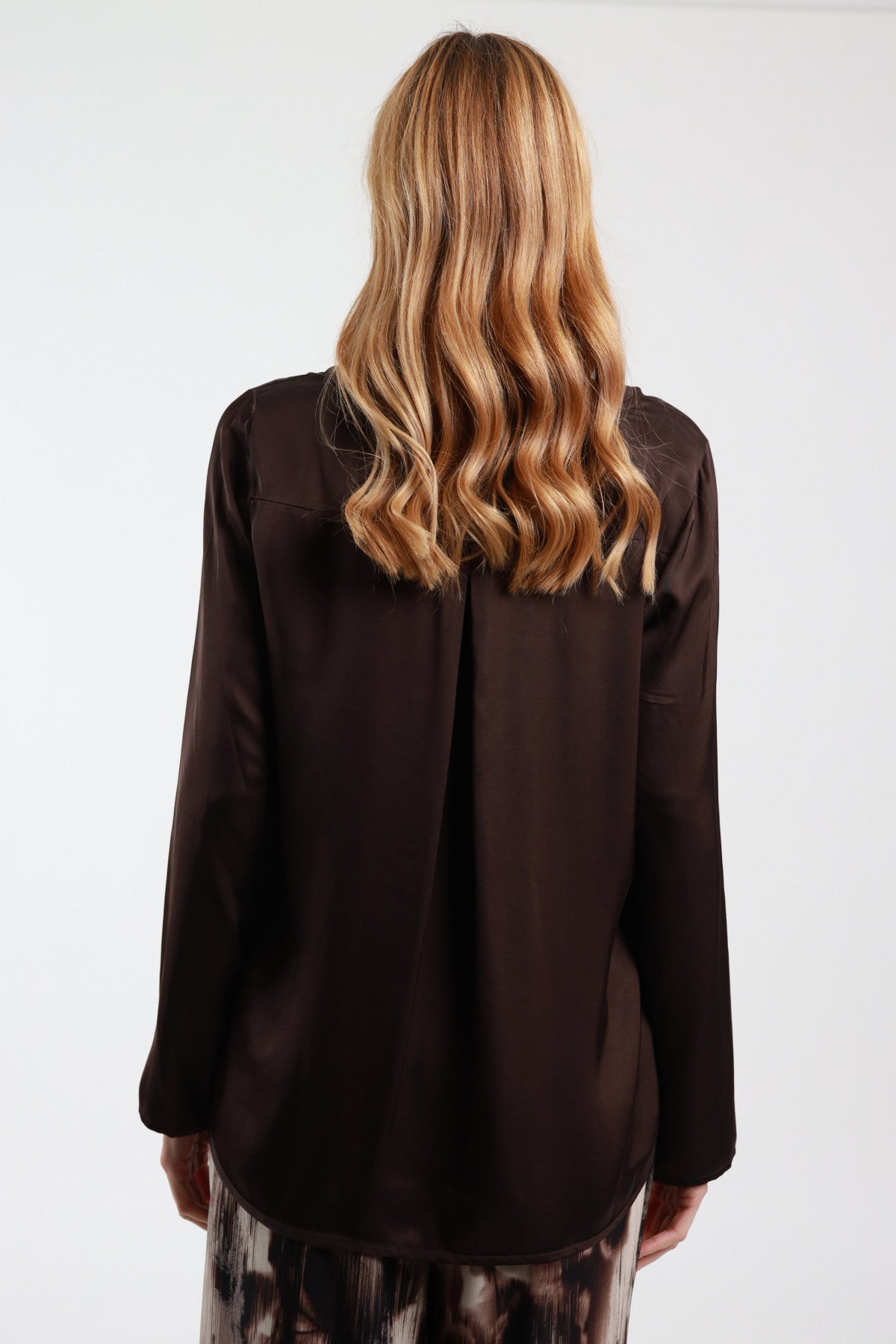Brown Satin Blouse with Long Sleeves, Wide Crew Neck & Lurex Edge
