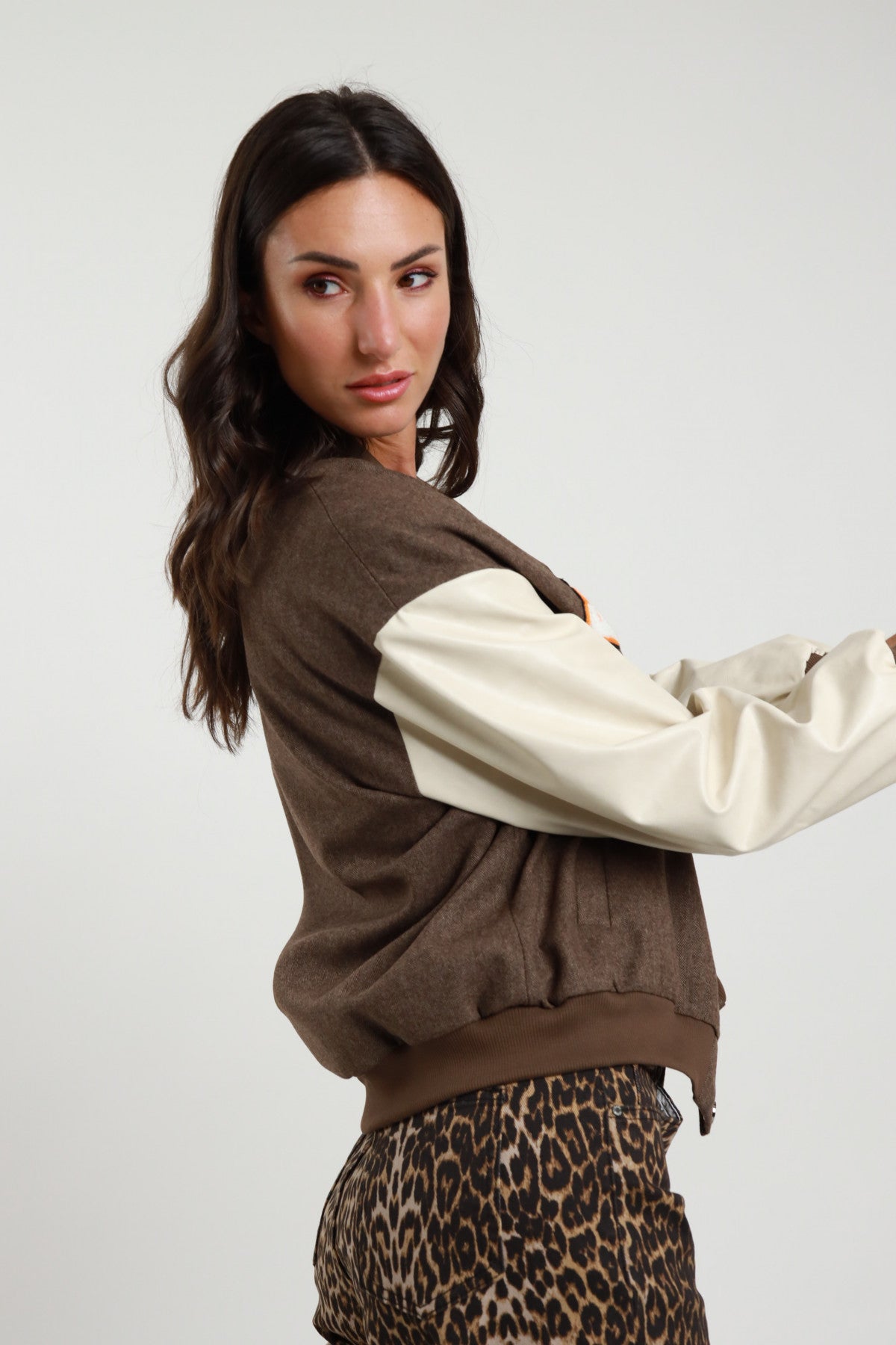 Herringbone Bomber Jacket with Vegan Leather Patches