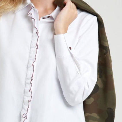 Oxford Shirt with Rouche & Burgundy Piping | Elegant Everyday Shirt