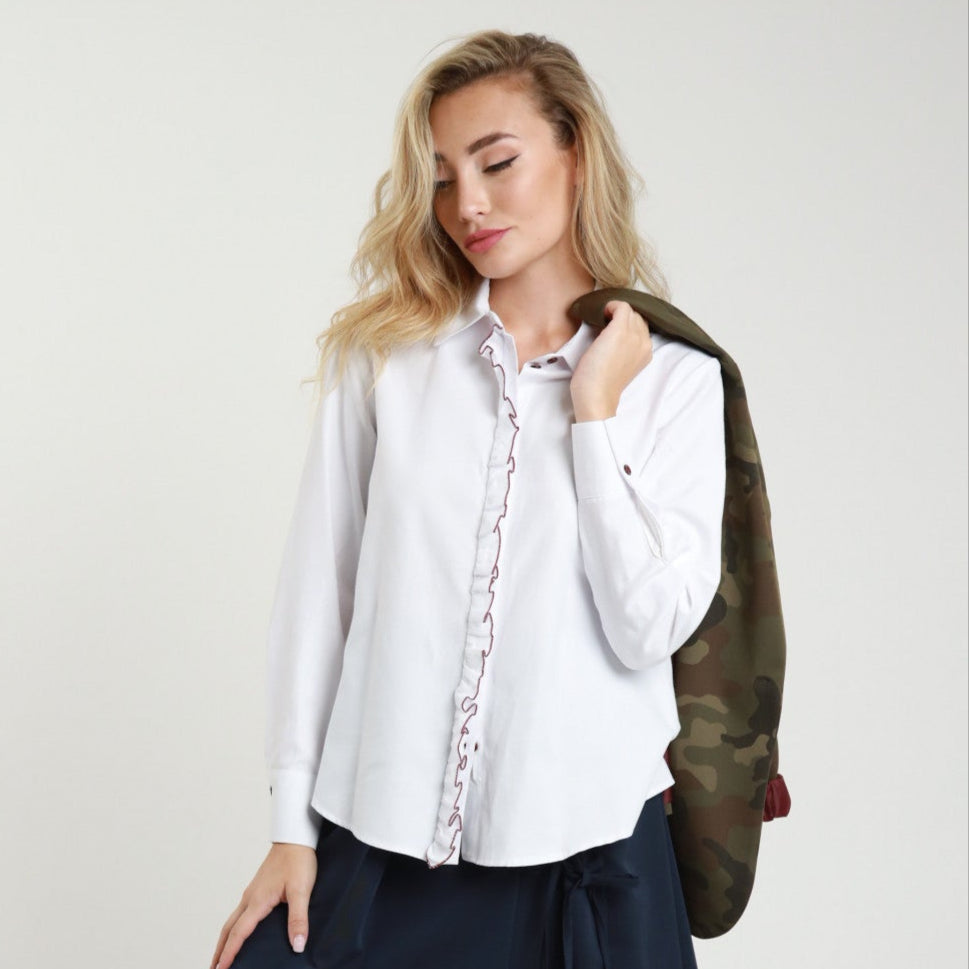 Oxford Shirt with Rouche & Burgundy Piping | Elegant Everyday Shirt