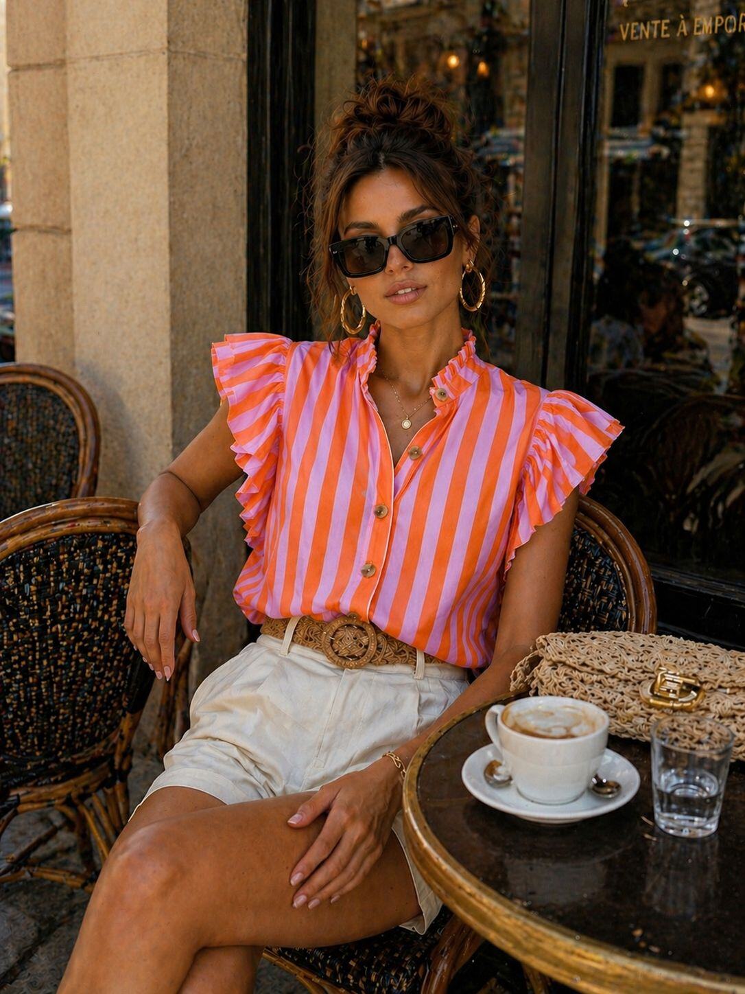 Striped Blouse with Ruffled Shoulders & High Collar | Women's Luxury Cotton Top