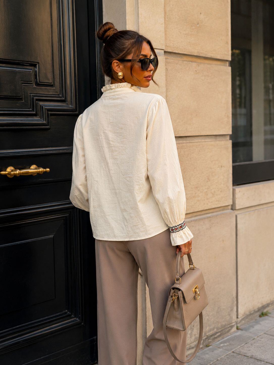 Embroidered Beige Blouse – Ruffled Collar & Puff Sleeves