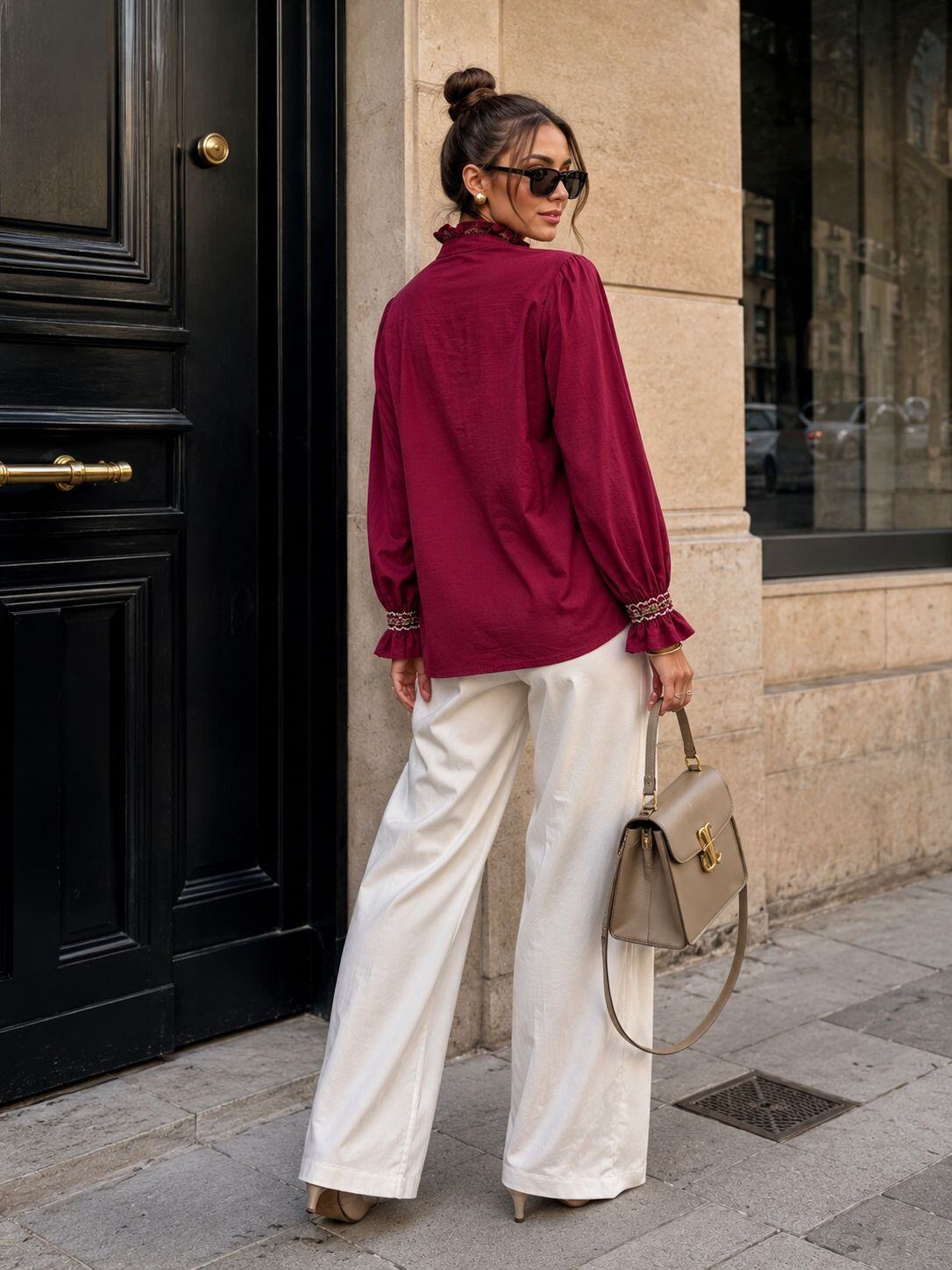 Embroidered Red Blouse – Ruffled Collar & Puff Sleeves